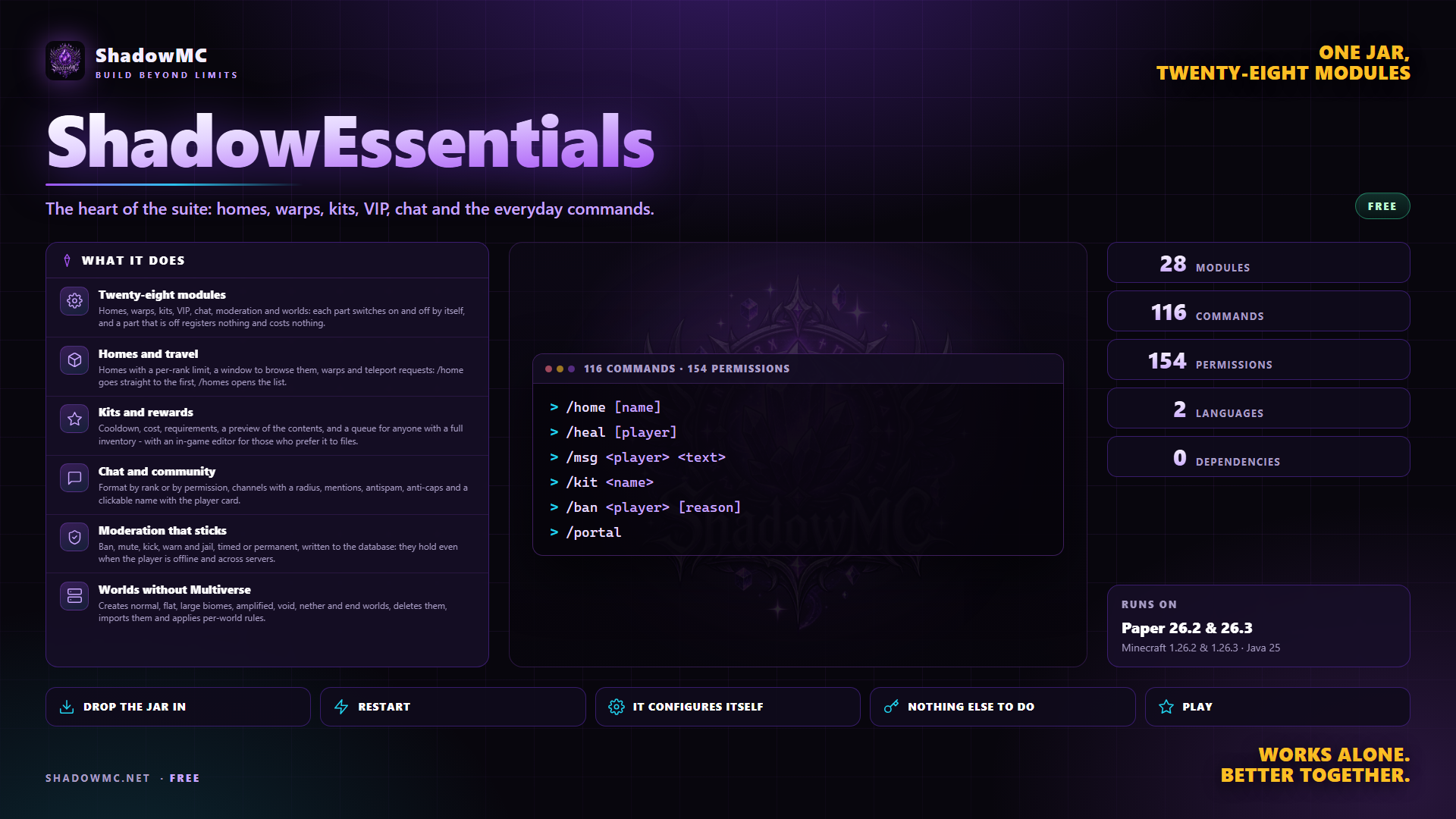 ShadowEssentials — The heart of the suite: homes, warps, kits, VIP, chat and the everyday commands.