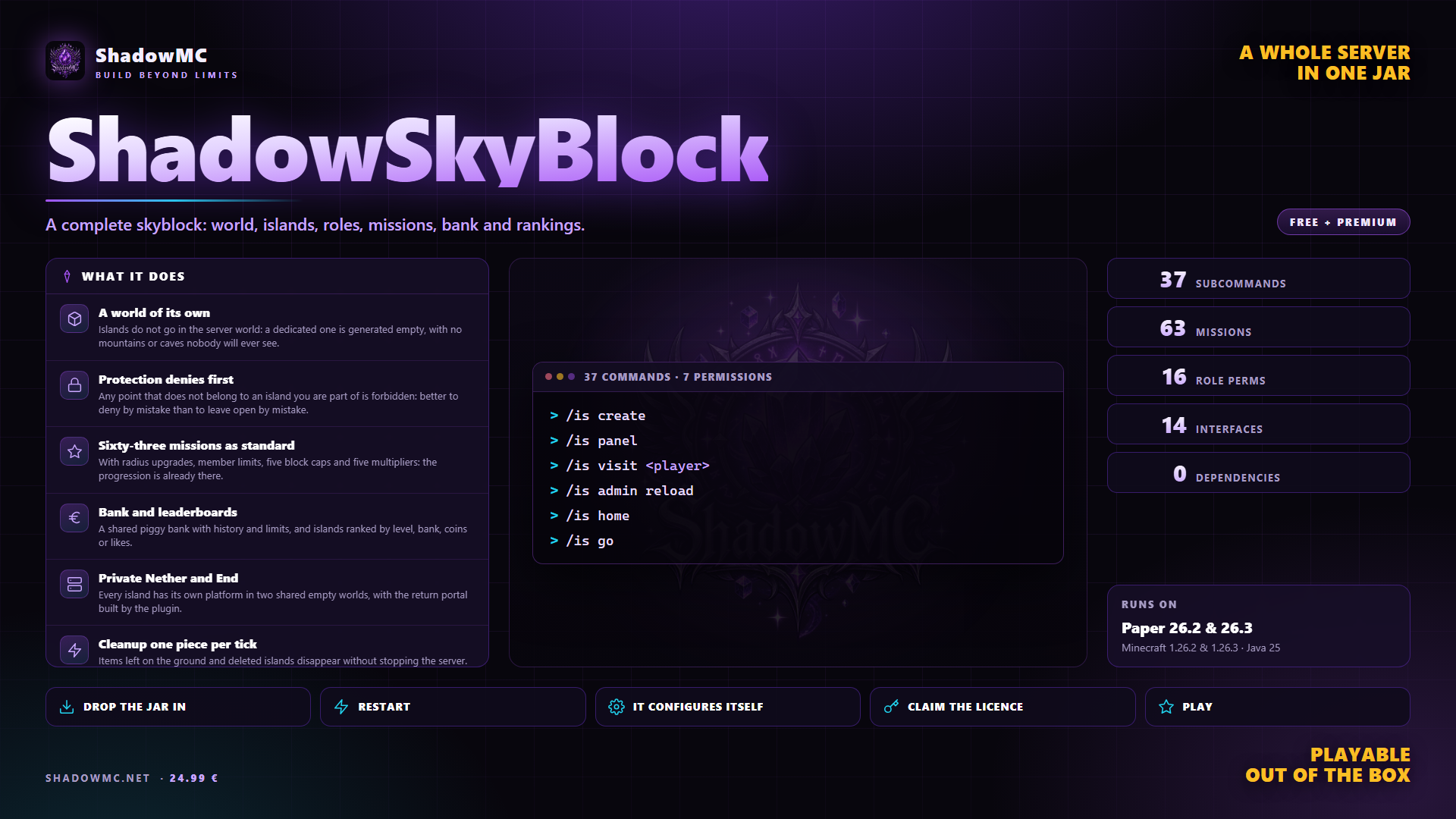 ShadowSkyBlock — A complete skyblock: world, islands, roles, missions, bank and rankings.